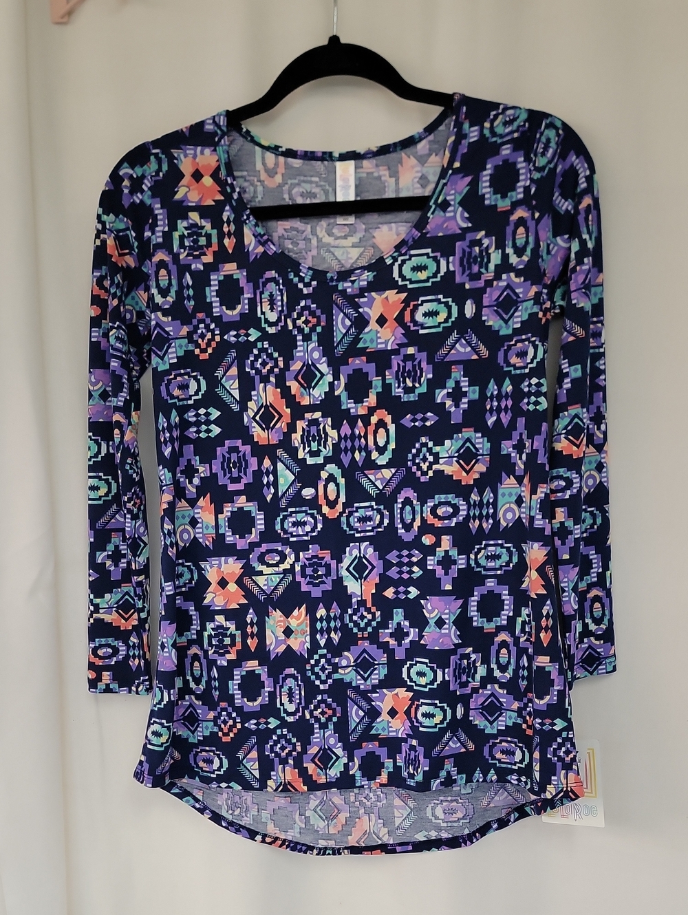 LuLaRoe Navy Geometric Print Long Sleeve Tee with Coral & Mint Accents